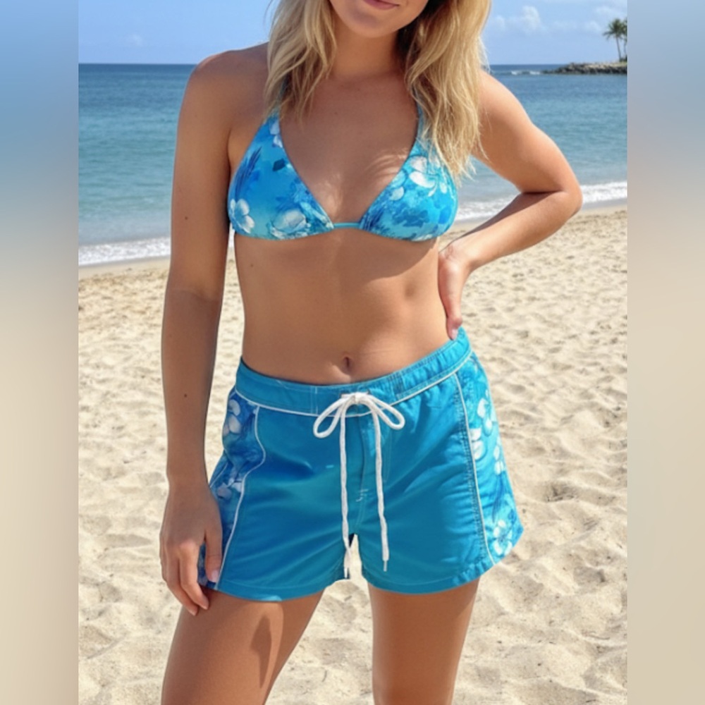 Nina Capri Turquoise Swimwear Board Shorts Tie Front Beach Size Large (NO TOP)